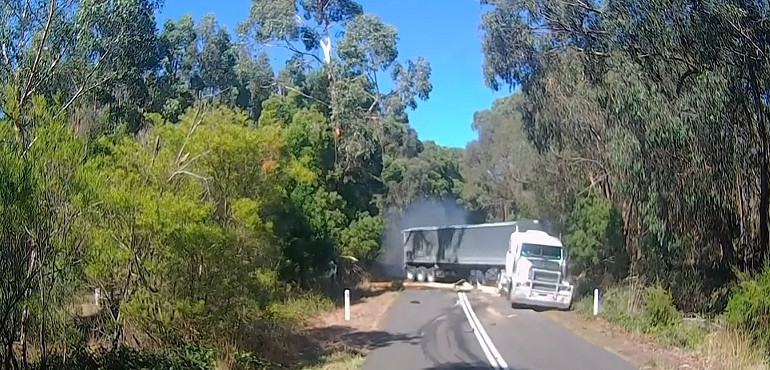 Rozpędzona ciężarówka i zwalone drzewo na jezdni w poprzek drogi